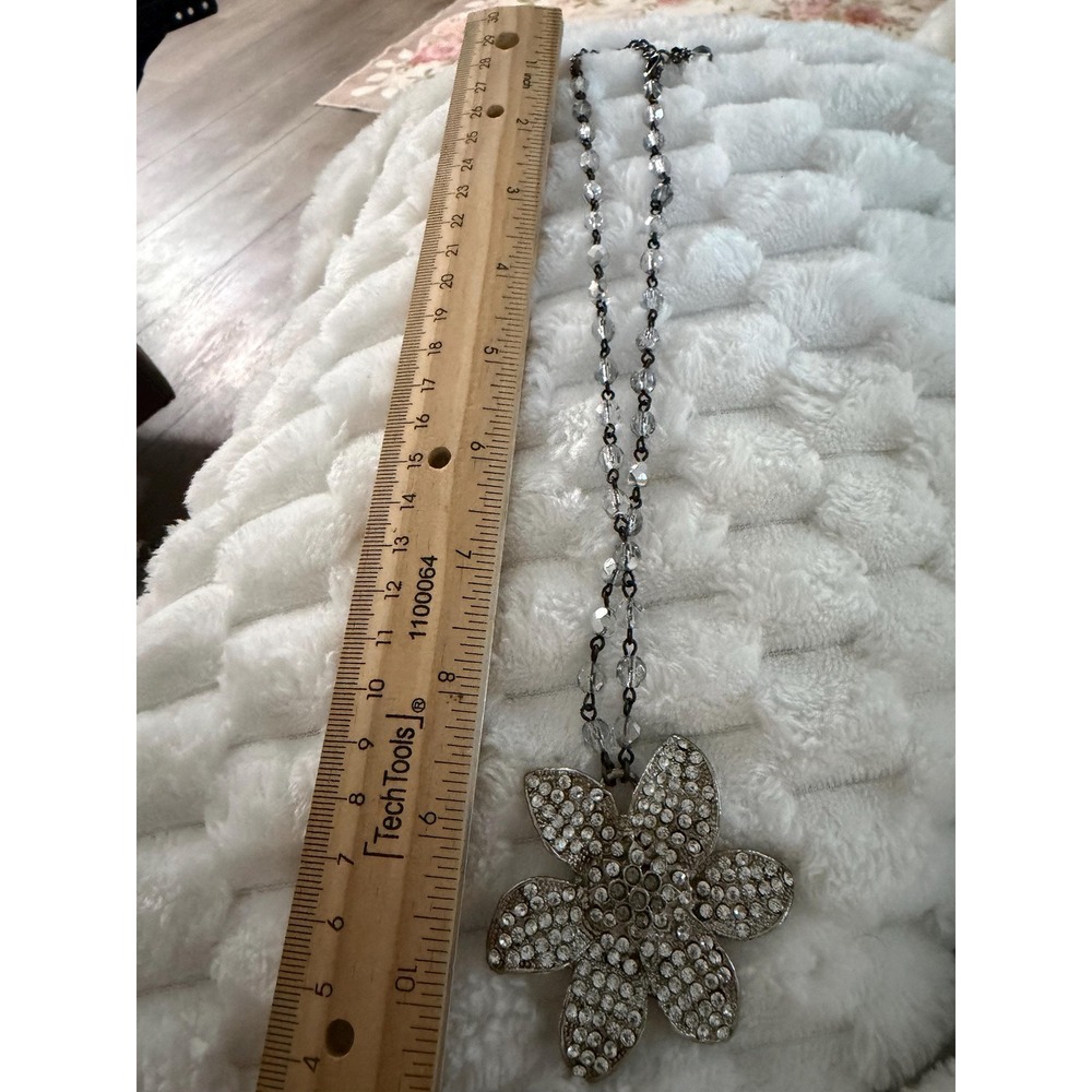 Vintage Rhinestone Flower Necklace | Silver Tone Floral Pendant, Beaded Chain